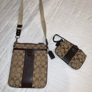 Brown and tan coach messenger bag and wristlet